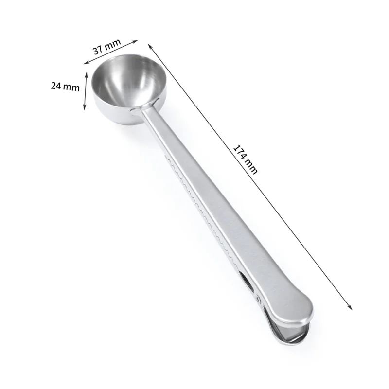BS2540 stainless steel coffee scoop with a bag clip, 174 mm long