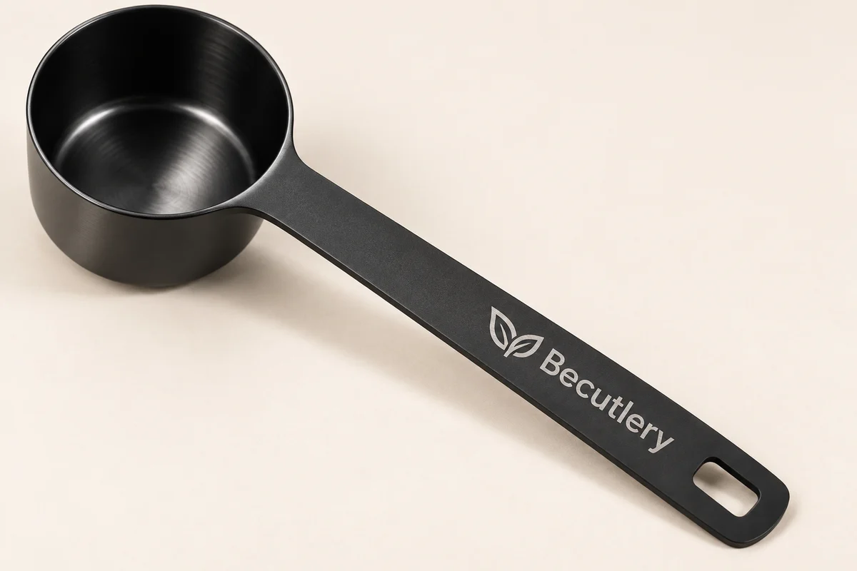 Laser-marked Becutlery logo on a black 60 ml scoop handle