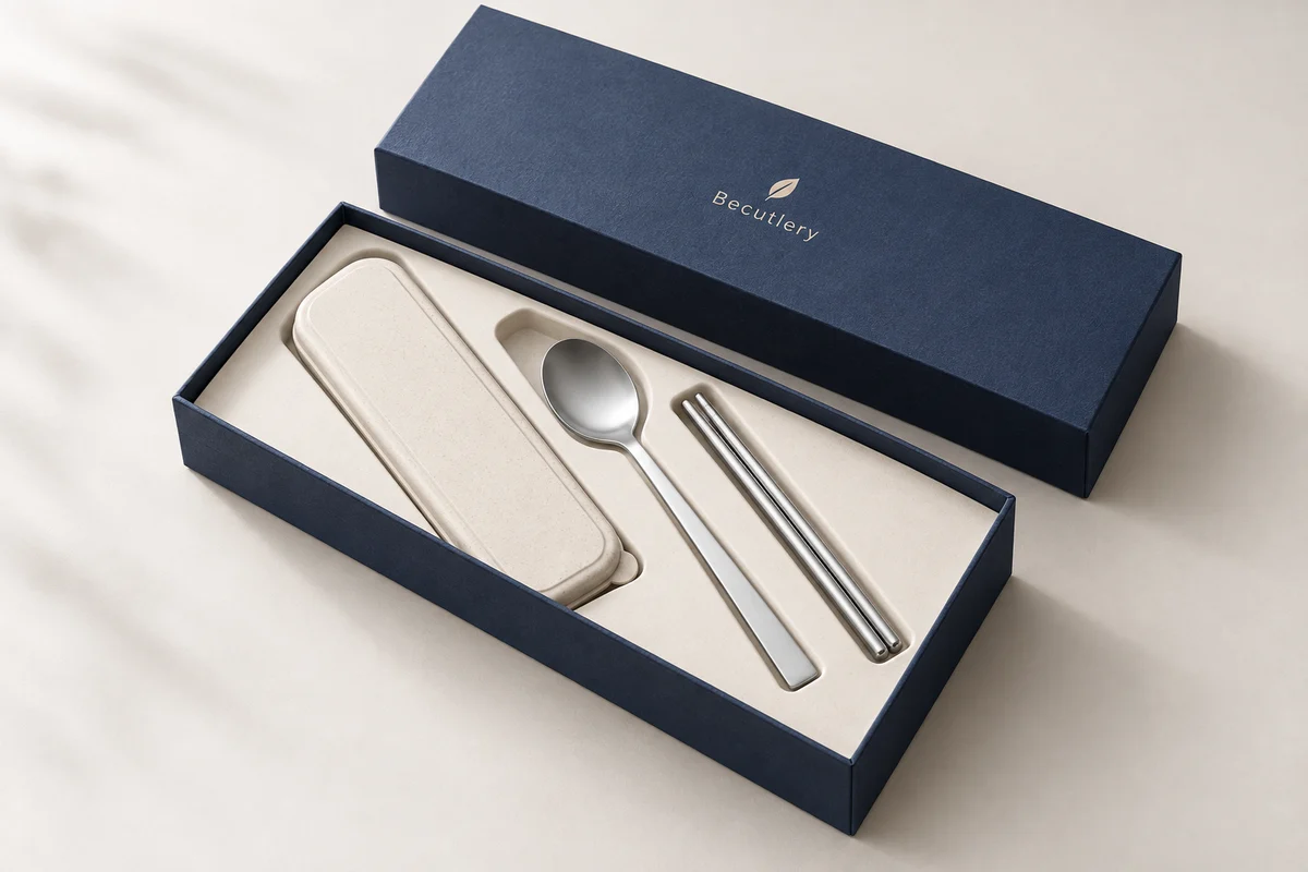 Navy rigid gift box with a stainless travel cutlery set