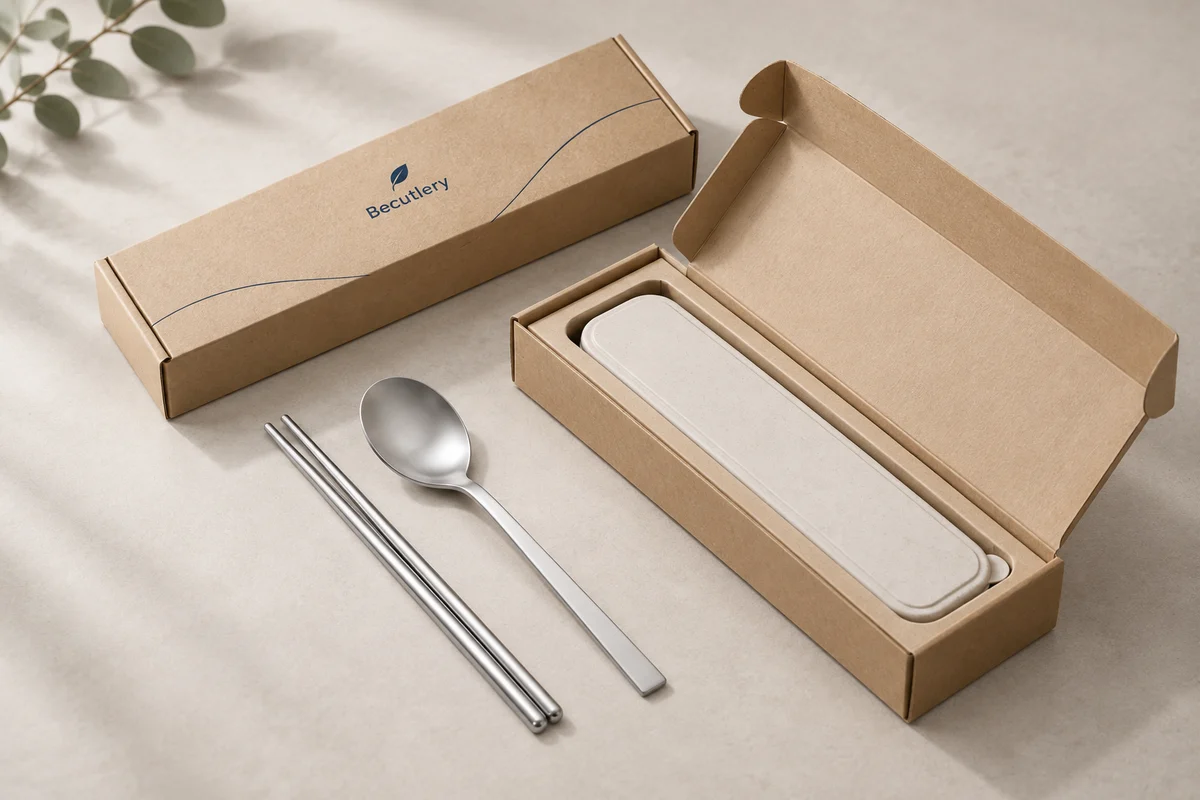Kraft paper box with a travel cutlery set